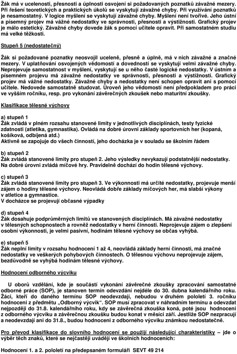 Grafický projev je málo estetický. Závažné chyby dovede žák s pomocí učitele opravit. Při samostatném studiu má velké těžkosti.