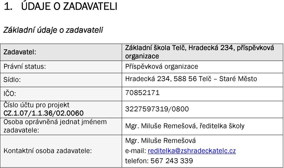 0060 Osoba oprávněná jednat jménem zadavatele: Kontaktní osoba zadavatele: Základní škola Telč, Hradecká 234,