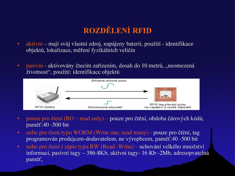 čárových kódů, paměť:40-500 bit nebo pro čtení typu WORM (Write one, read many) - pouze pro čtění, tag programován prodejcem-dodavatelem, ne výropbcem,