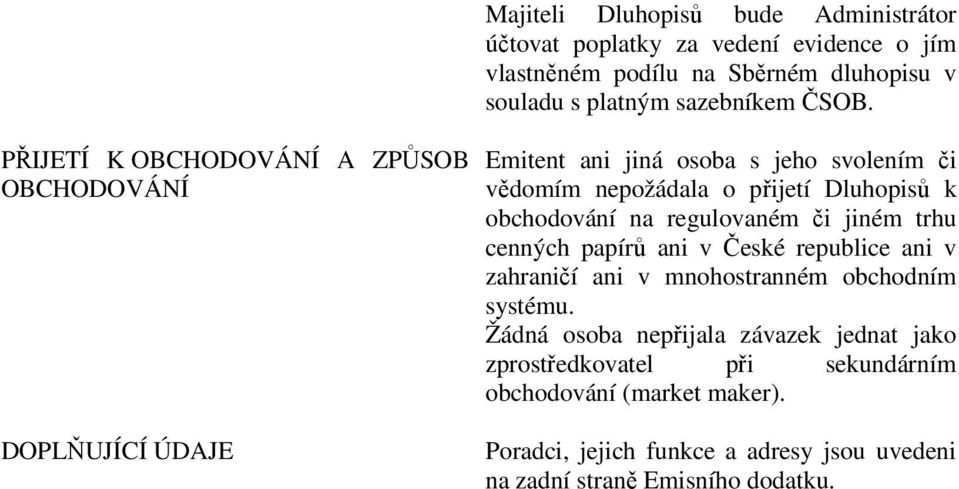 obchodování na regulovaném či jiném trhu cenných papírů ani v České republice ani v zahraničí ani v mnohostranném obchodním systému.