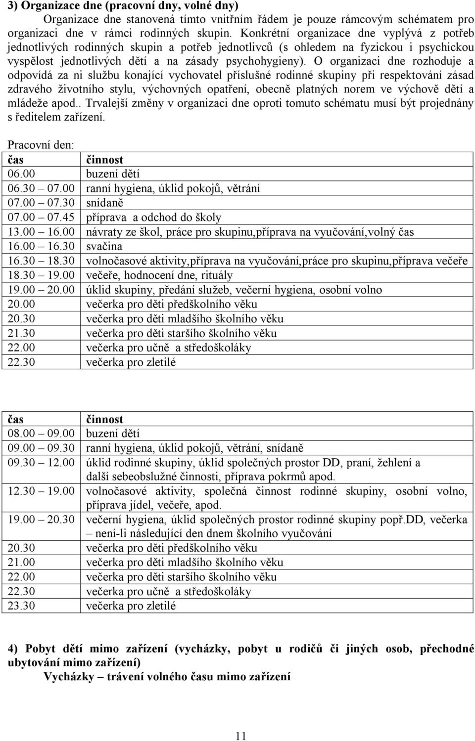 O organizaci dne rozhoduje a odpovídá za ni službu konající vychovatel příslušné rodinné skupiny při respektování zásad zdravého životního stylu, výchovných opatření, obecně platných norem ve výchově