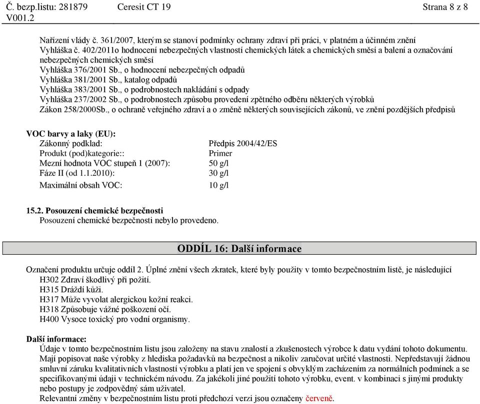 , o hodnocení nebezpečných odpadů Vyhláška 381/2001 Sb., katalog odpadů Vyhláška 383/2001 Sb., o podrobnostech nakládání s odpady Vyhláška 237/2002 Sb.