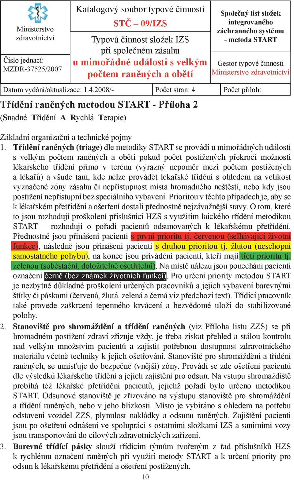 2008/- Počet stran: 4 Počet příloh: Třídění raněných metodou START - Příloha 2 (Snadné Třídění A Rychlá Terapie) Základní organizační a technické pojmy 1.