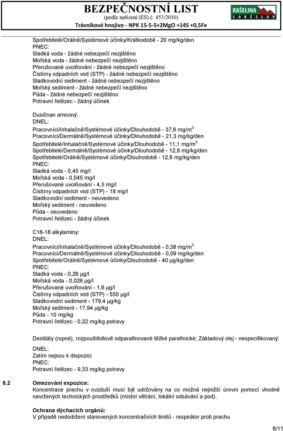 Potravní řetězec - žádný účinek Dusičnan amonný: DNEL: Pracovníci/Inhalačně/Systémové účinky/dlouhodobě - 37,6 mg/m 3 Pracovníci/Dermálně/Systémové účinky/dlouhodobě - 21,3 mg/kg/den