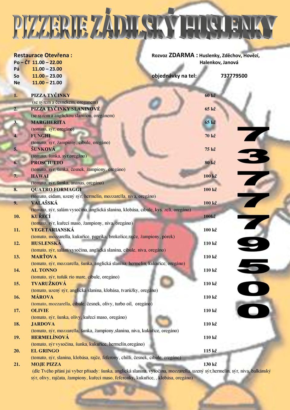 FUNGHI 70 kč (tomato, sýr, žampiony, cibule, oregáno) 5. ŠUNKOVÁ 75 kč (tomato, šunka, sýr,oregáno) 6. PROSCIUTTO 80 kč (tomato, sýr, šunka, česnek, žampiony, oregáno) 7.