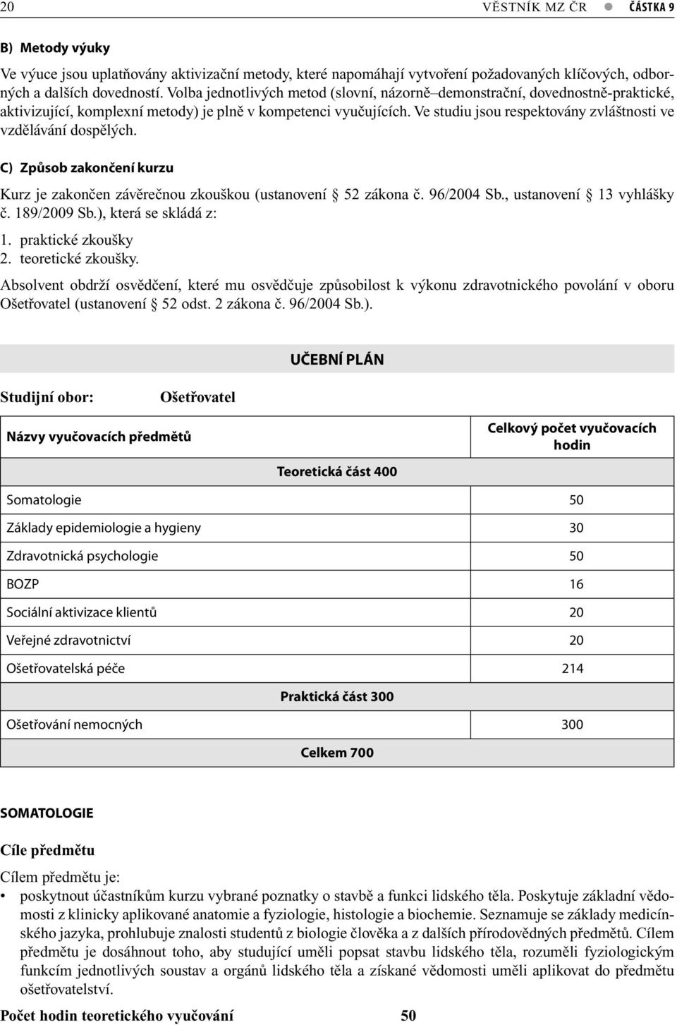 Ve studiu jsou respektovány zvláštnosti ve vzdělávání dospělých. C) Způsob zakončení kurzu Kurz je zakončen závěrečnou zkouškou (ustanovení 52 zákona č. 96/2004 Sb., ustanovení 13 vyhlášky č.