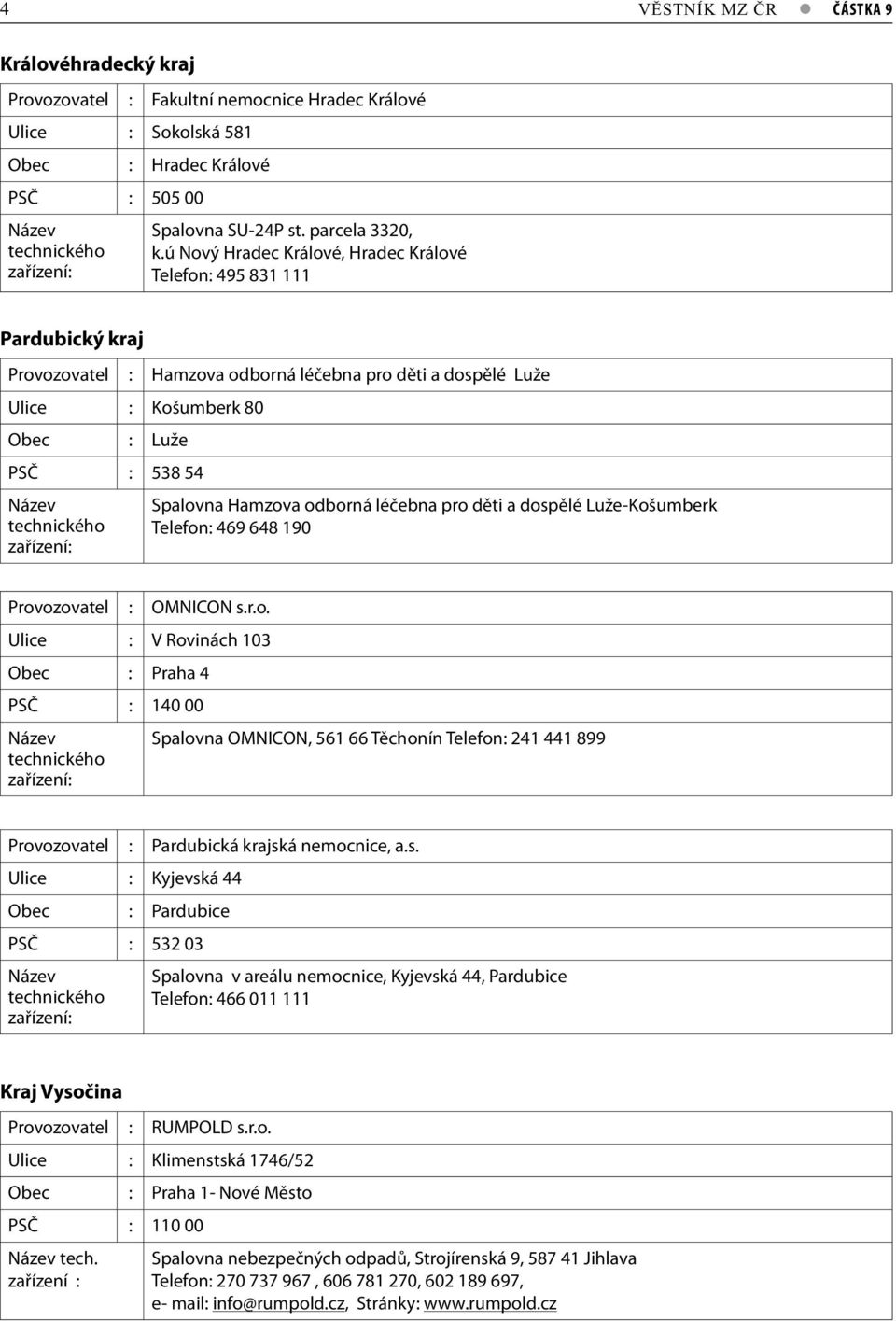Hamzova odborná léčebna pro děti a dospělé Luže-Košumberk Telefon: 469 648 190 Provozovatel : OMNICON s.r.o. Ulice : V Rovinách 103 Obec : Praha 4 PSČ : 140 00 Spalovna OMNICON, 561 66 Těchonín Telefon: 241 441 899 Provozovatel : Pardubická krajská nemocnice, a.