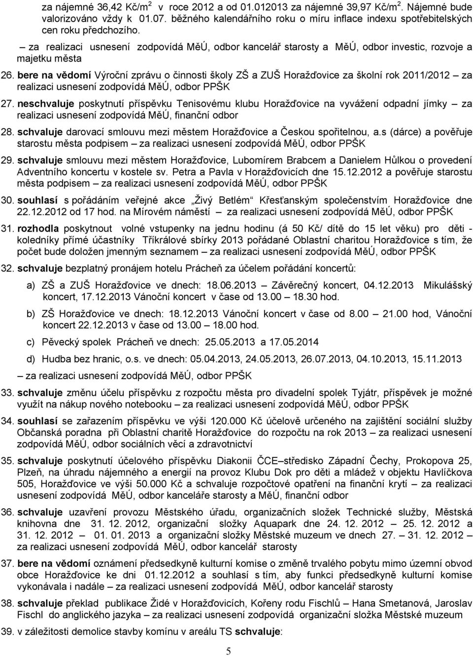 bere na vědomí Výroční zprávu o činnosti školy ZŠ a ZUŠ Horažďovice za školní rok 2011/2012 za realizaci usnesení zodpovídá MěÚ, odbor PPŠK 27.