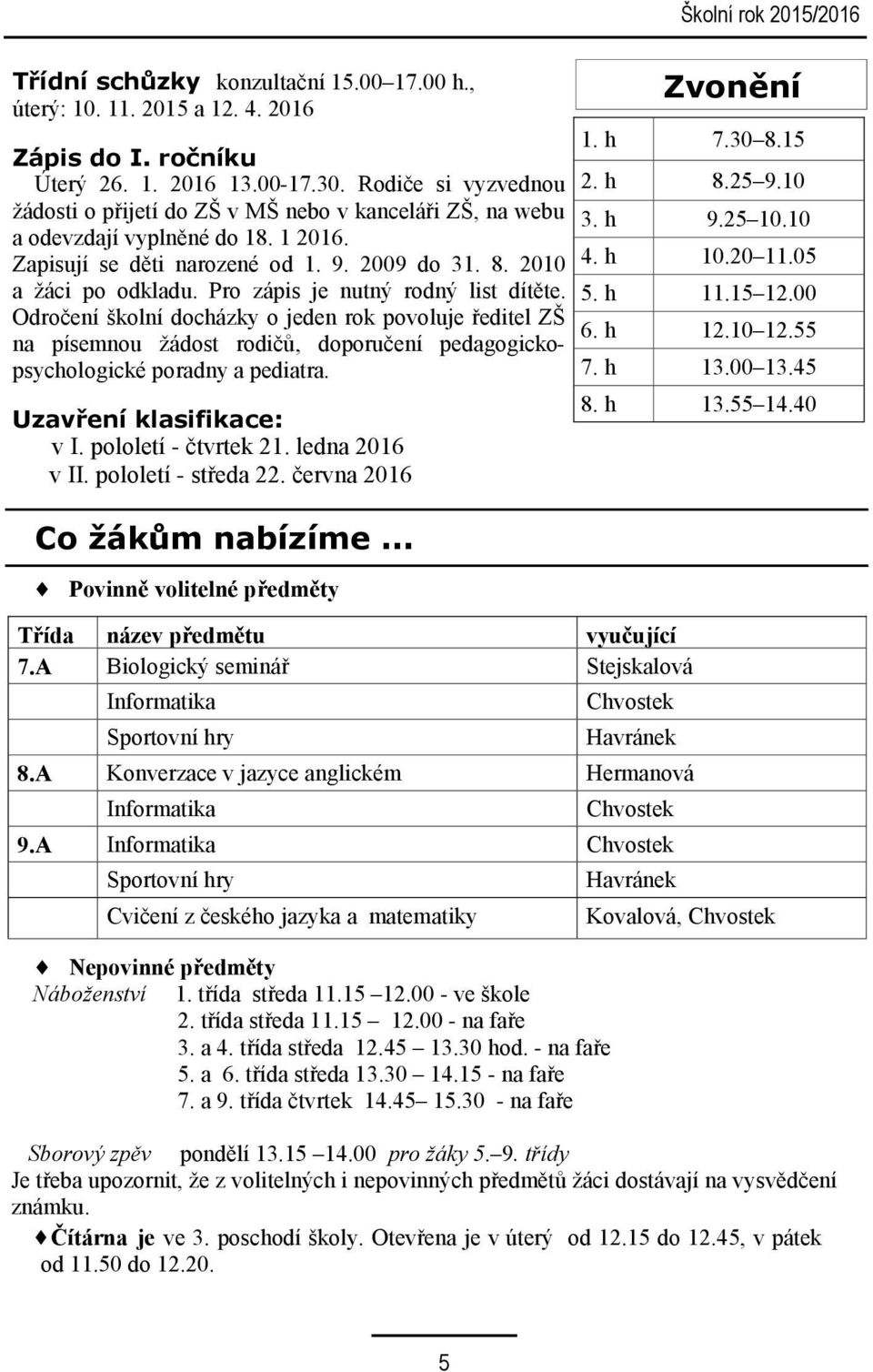 Pro zápis je nutný rodný list dítěte. Odročení školní docházky o jeden rok povoluje ředitel ZŠ na písemnou žádost rodičů, doporučení pedagogickopsychologické poradny a pediatra.