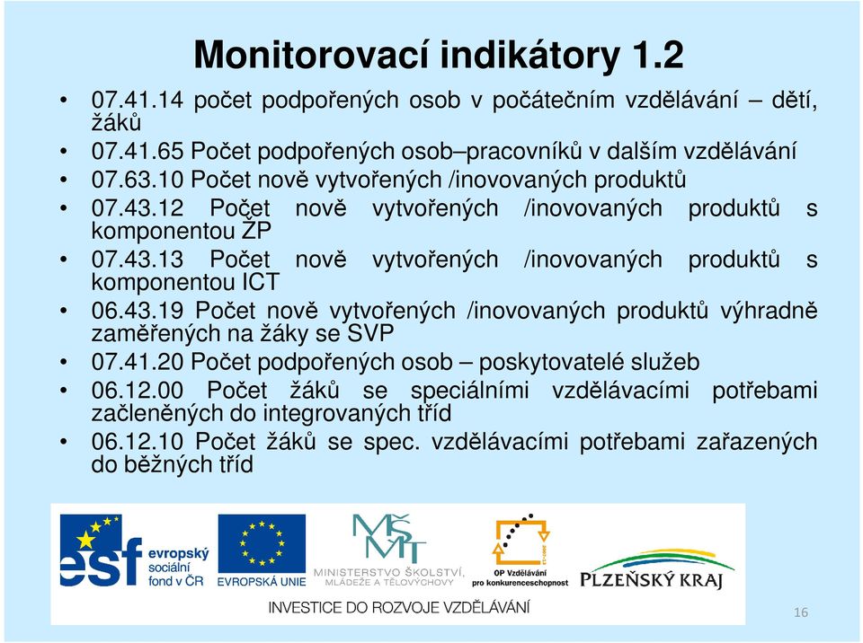 43.19 Počet nově vytvořených /inovovaných produktů výhradně zaměřených na žáky se SVP 07.41.20 Počet podpořených osob poskytovatelé služeb 06.12.