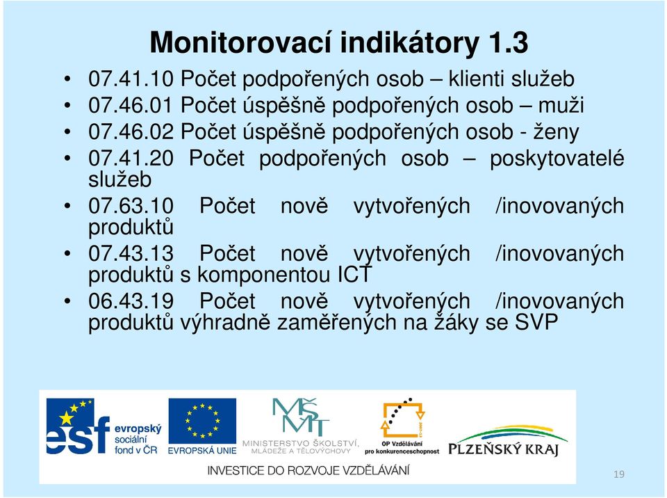 20 Počet podpořených osob poskytovatelé služeb 07.63.10 Počet produktů nově vytvořených /inovovaných 07.43.