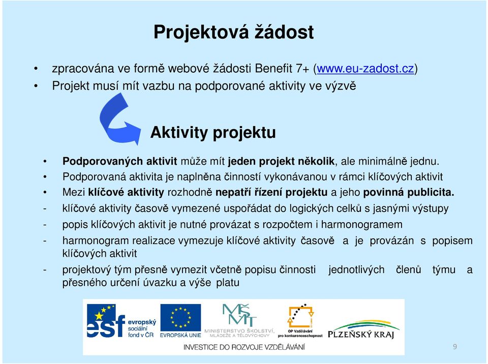 Podporovaná aktivita je naplněna činností vykonávanou v rámci klíčových aktivit Mezi klíčové aktivity rozhodně nepatří řízení projektu a jeho povinná publicita.