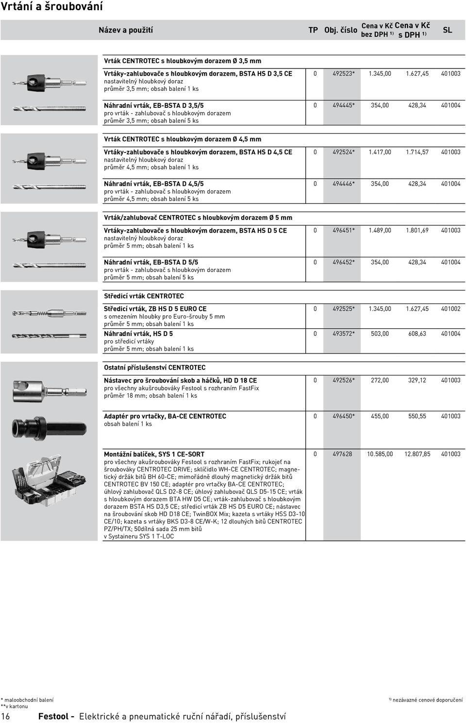627,45 401003 0 494445* 354,00 428,34 401004 Vrták CENTROTEC s hloubkovým dorazem Ø 4,5 Vrtáky-zahlubovače s hloubkovým dorazem, BSTA HS D 4,5 CE nastavitelný hloubkový doraz průměr 4,5 ; obsah
