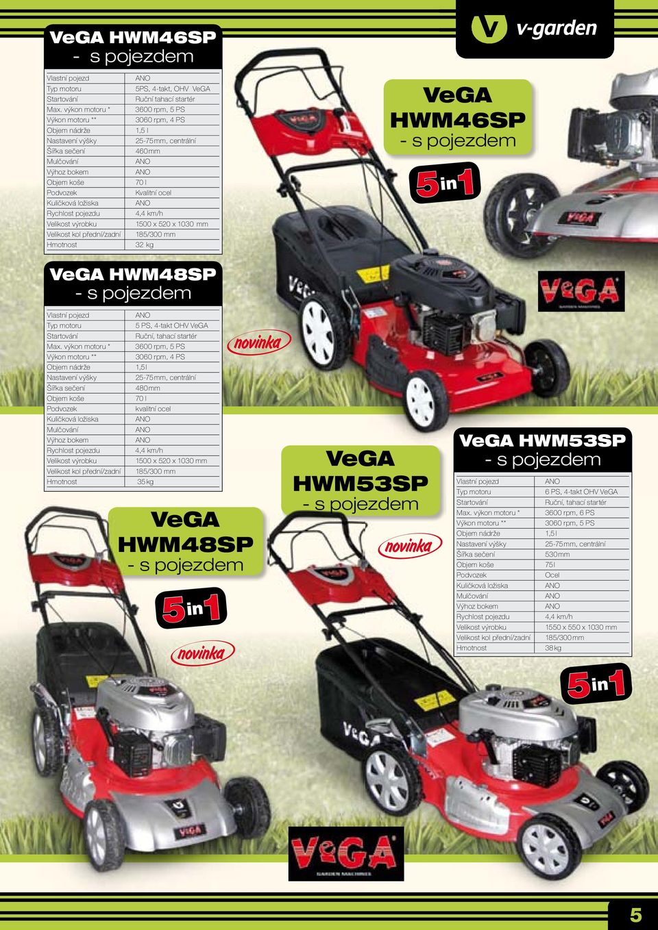 OHV VeG Ruční tahací startér 3600 rpm, 5 P 3060 rpm, 4 P 1,5 l 25-75 mm, centrální 460 mm 70 l Kvalitní ocel 4,4 km/h 1500 x 520 x 1030 mm 185/300 mm 32 kg VeG HW46P - s pojezdem 5 in 1 VeG HW48P - s