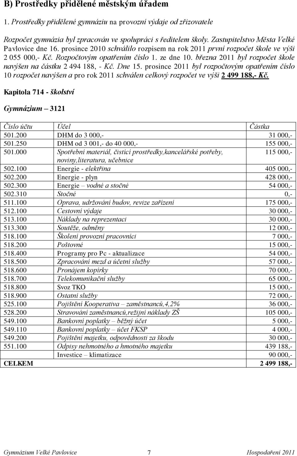 března 2011 byl rozpočet škole navýšen na částku 2 494 188, - Kč. Dne 15.