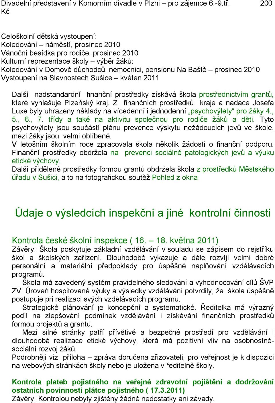 pensionu Na Baště prosinec 2010 Vystoupení na Slavnostech Sušice květen 2011 Další nadstandardní finanční prostředky získává škola prostřednictvím grantů, které vyhlašuje Plzeňský kraj.