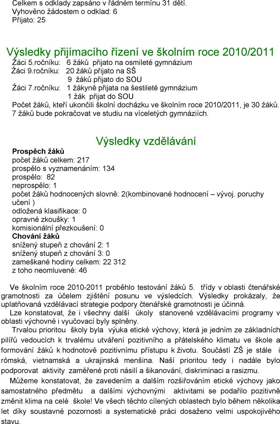 ročníku: 1 žákyně přijata na šestileté gymnázium 1 žák přijat do SOU Počet žáků, kteří ukončili školní docházku ve školním roce 2010/2011, je 30 žáků.