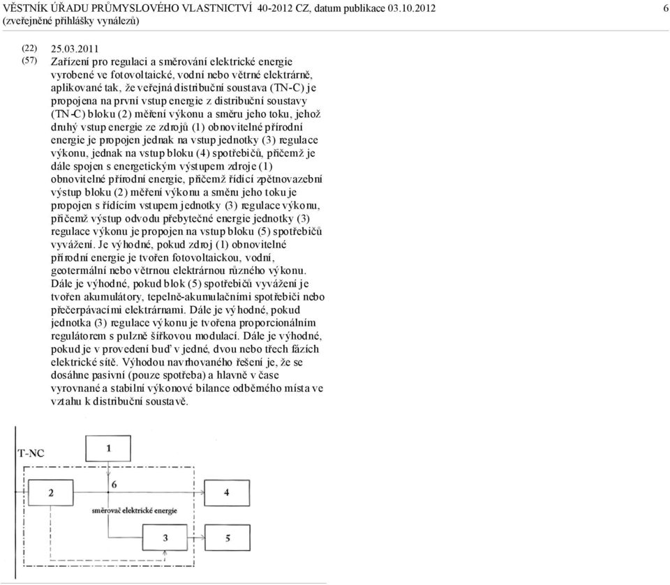 vstup energie z distribuční soustavy (TN-C) bloku (2) měření výkonu a směru jeho toku, jehož druhý vstup energie ze zdrojů (1) obnovitelné přírodní energie je propojen jednak na vstup jednotky (3)