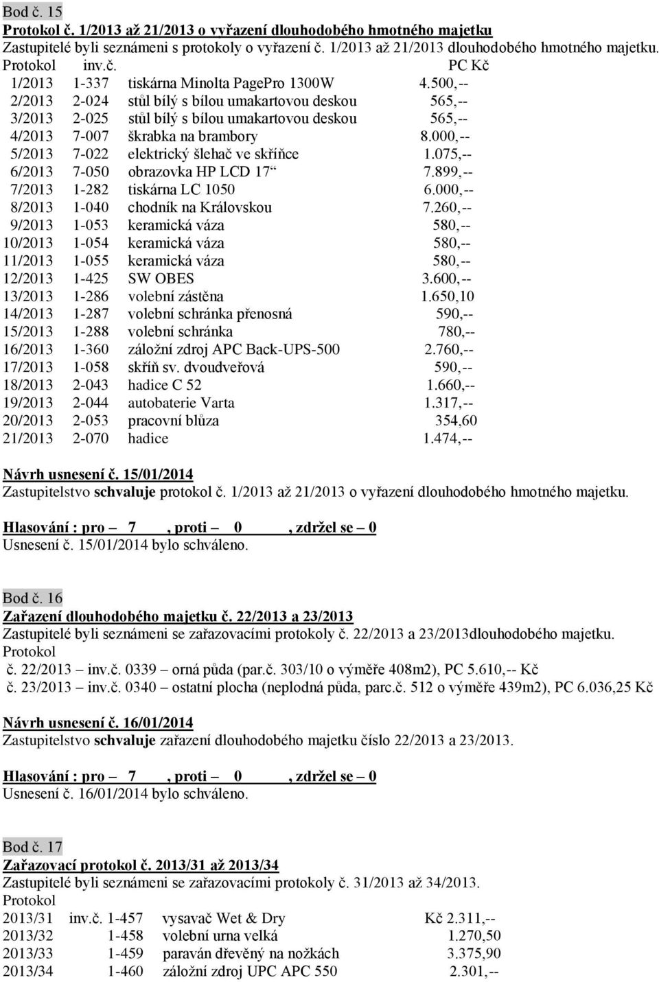 000,-- 5/2013 7-022 elektrický šlehač ve skříňce 1.075,-- 6/2013 7-050 obrazovka HP LCD 17 7.899,-- 7/2013 1-282 tiskárna LC 1050 6.000,-- 8/2013 1-040 chodník na Královskou 7.