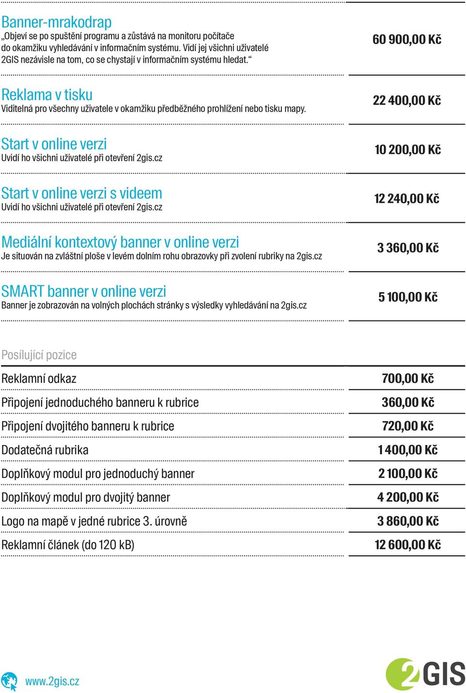 60 900,00 Kč Reklama v tisku Viditelná pro všechny uživatele v okamžiku předběžného prohlížení nebo tisku mapy. Start v online verzi Uvidí ho všichni uživatelé při otevření 2gis.