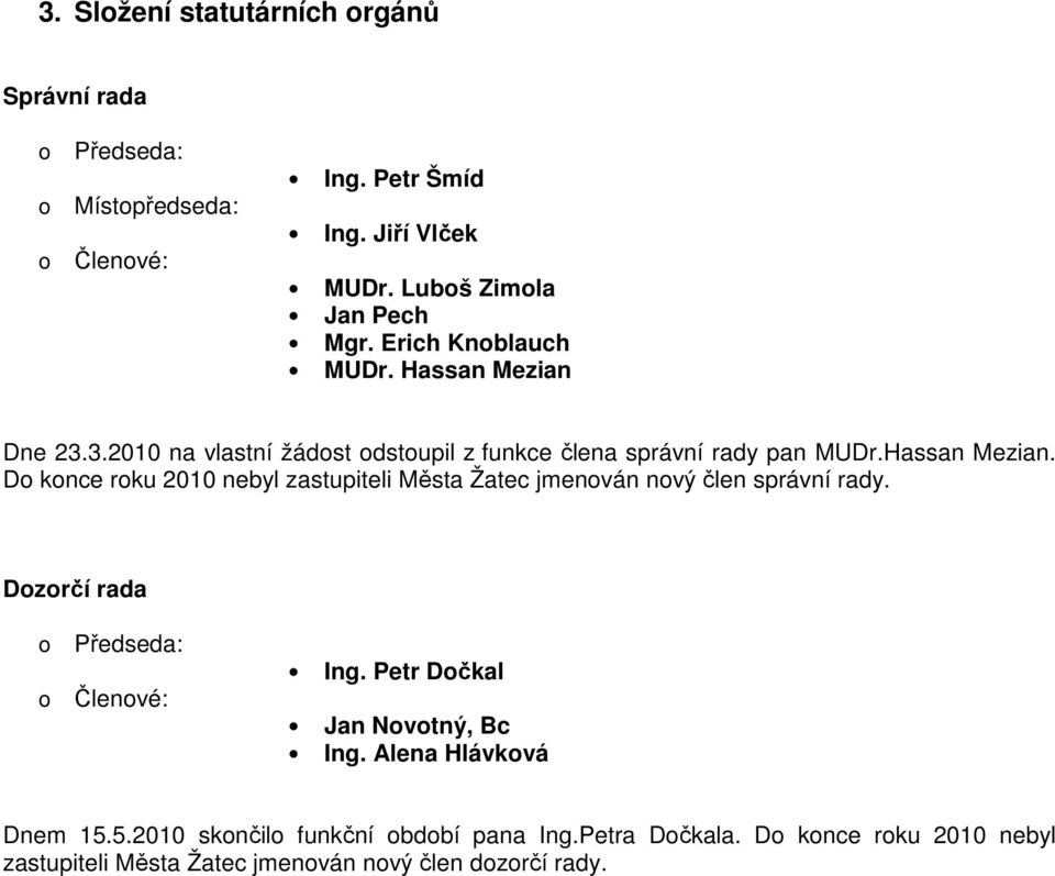 Dzrčí rada Předseda: Členvé: Ing. Petr Dčkal Jan Nvtný, Bc Ing. Alena Hlávkvá Dnem 15.5.2010 sknčil funkční bdbí pana Ing.Petra Dčkala.