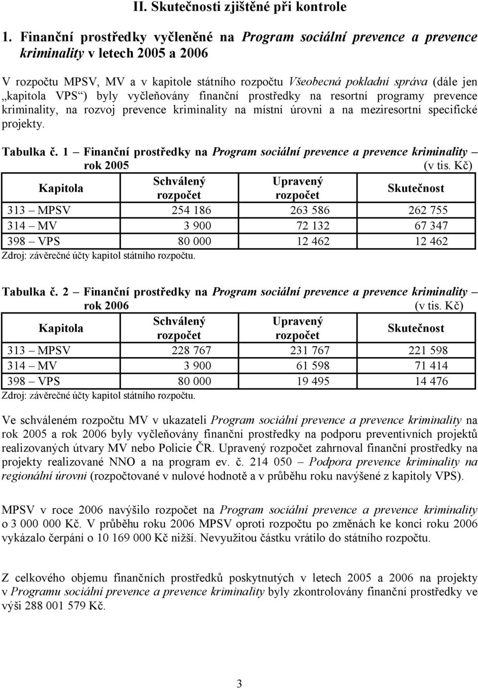 VPS ) byly vyčleňovány finanční prostředky na resortní programy prevence kriminality, na rozvoj prevence kriminality na místní úrovni a na meziresortní specifické projekty. Tabulka č.