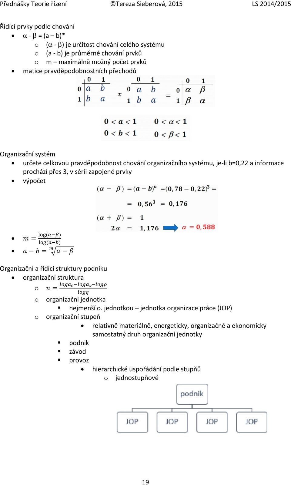 a b = α β Organizační a řídící struktury pdniku rganizační struktura n = lga 0 lga v lgρ lgq rganizační jedntka nejmenší.