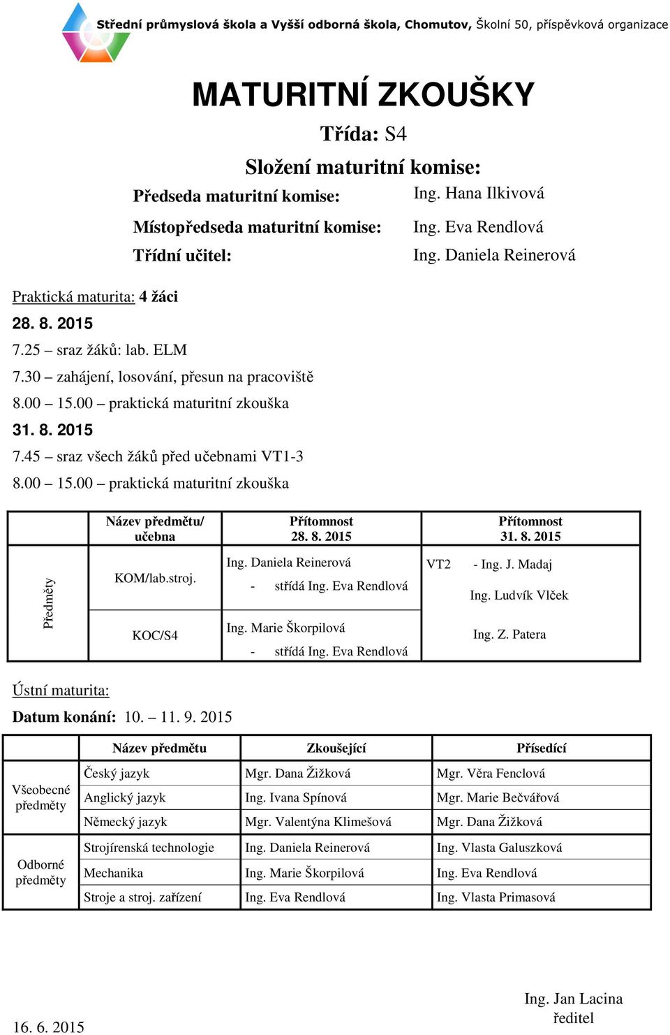 Eva Rendlová VT2 Datum konání: 10. 11. 9. 2015 Český jazyk Mgr. Dana Žižková Mgr. Věra Fenclová Anglický jazyk Ing. Ivana Spínová Mgr. Marie Bečvářová Německý jazyk Mgr.