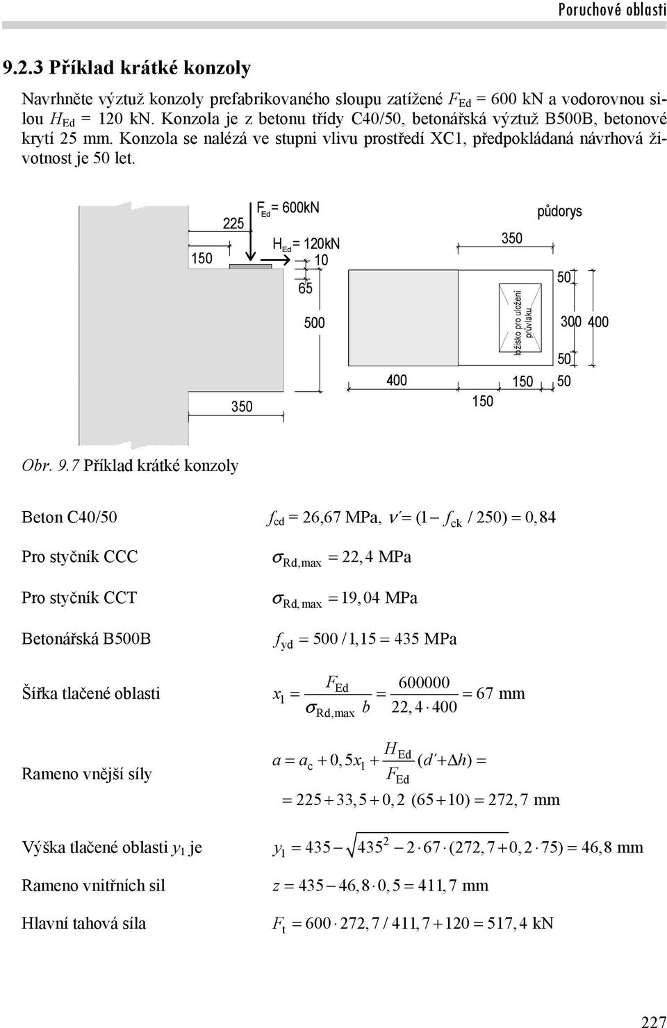 7 Příkl krátké konoly Beton 40/50 f c = 6,67 MP, (1 fck / 50) 0,84 Pro styčník R,mx,4 MP Pro styčník R,mx 19,04 MP Betonářská B500B fy 500 /1,15 435 MP Šířk tlčené oblsti Rmeno vnější síly Výšk