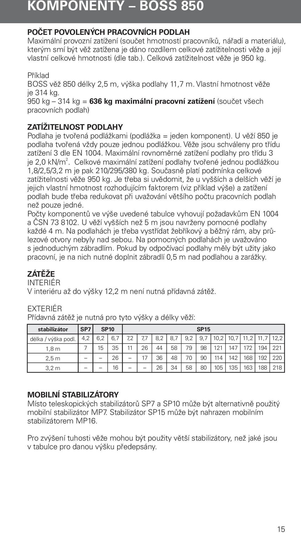 950 kg 314 kg = 636 kg maximální pracovní zatížení (součet všech pracovních podlah) ZATÍŽITELNOST PODLAHY Podlaha je tvořená podlážkami (podlážka = jeden komponent).