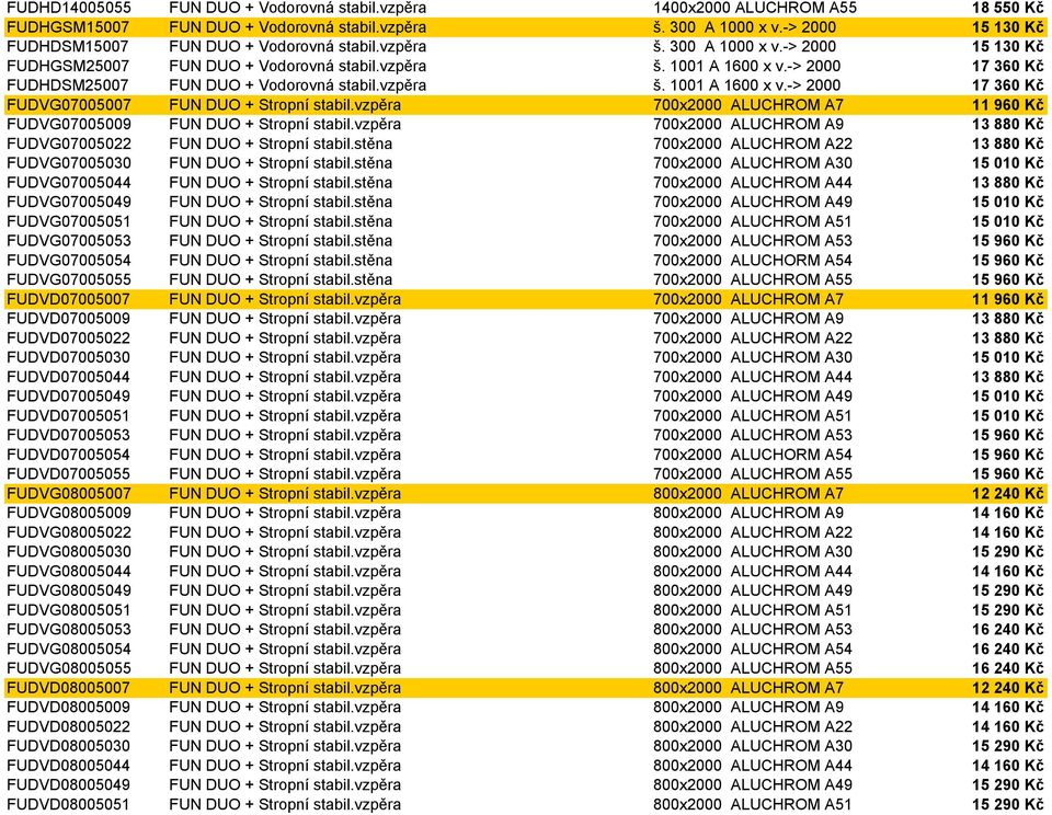 -> 2000 17 360 Kč FUDHDSM25007 FUN DUO + Vodorovná stabil.vzpěra š. 1001 A 1600 x v.-> 2000 17 360 Kč FUDVG07005007 FUN DUO + Stropní stabil.