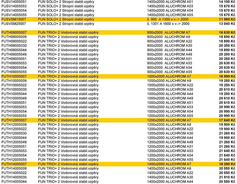 -> 2000 11 960 Kč FUSVSM25007 FUN SOLO+ 2 Stropní stabil.vzpěry š. 1301 A 1600 x v.-> 2000 13 040 Kč FUTH09005007 FUN TRIO+ 2 Vodorovná stabil.