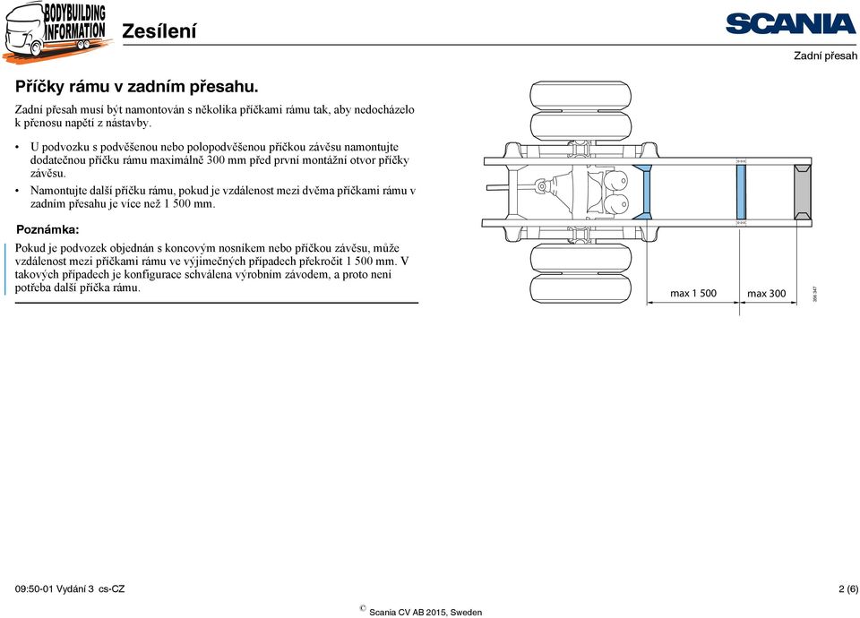 Namontujte další příčku rámu, pokud je vzdálenost mezi dvěma příčkami rámu v zadním přesahu je více než 1 500 mm.