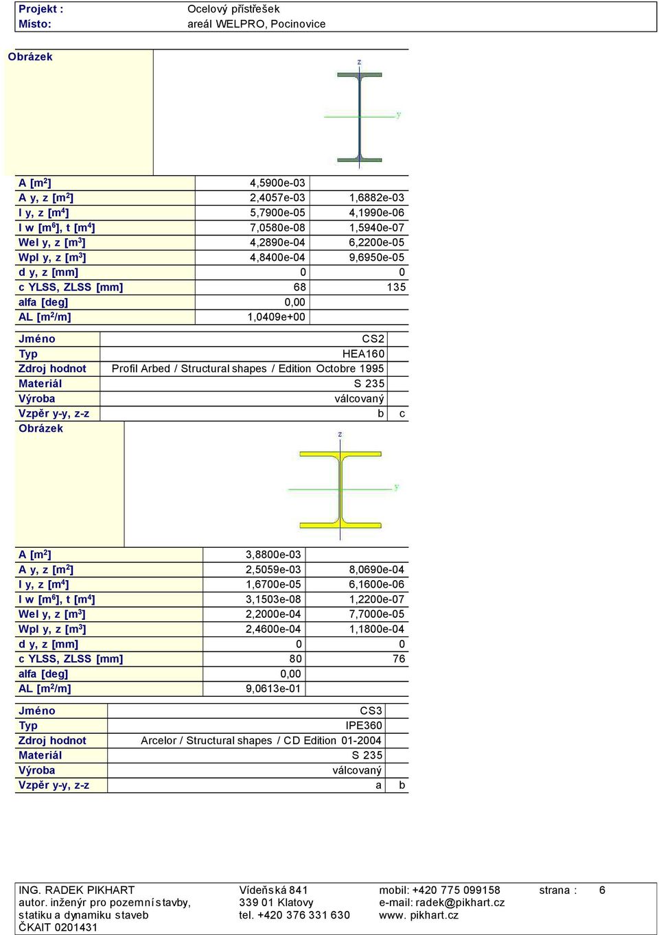 Materiál S 235 Výroba válcovaný Vzpěr y-y, z-z b c Obrázek A [m 2 ] 3,8800e-03 A y, z [m 2 ] 2,5059e-03 8,0690e-04 I y, z [m 4 ] 1,6700e-05 6,1600e-06 I w [m 6 ], t [m 4 ] 3,1503e-08 1,2200e-07 Wel
