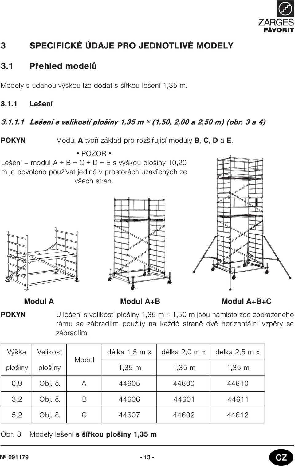 POKYN Modul A Modul A+B Modul A+B+C U lešení s velikostí plošiny,35 m,50 m jsou namísto zde zobrazeného rámu se zábradlím použity na každé stranì dvì horizontální vzpìry se zábradlím.