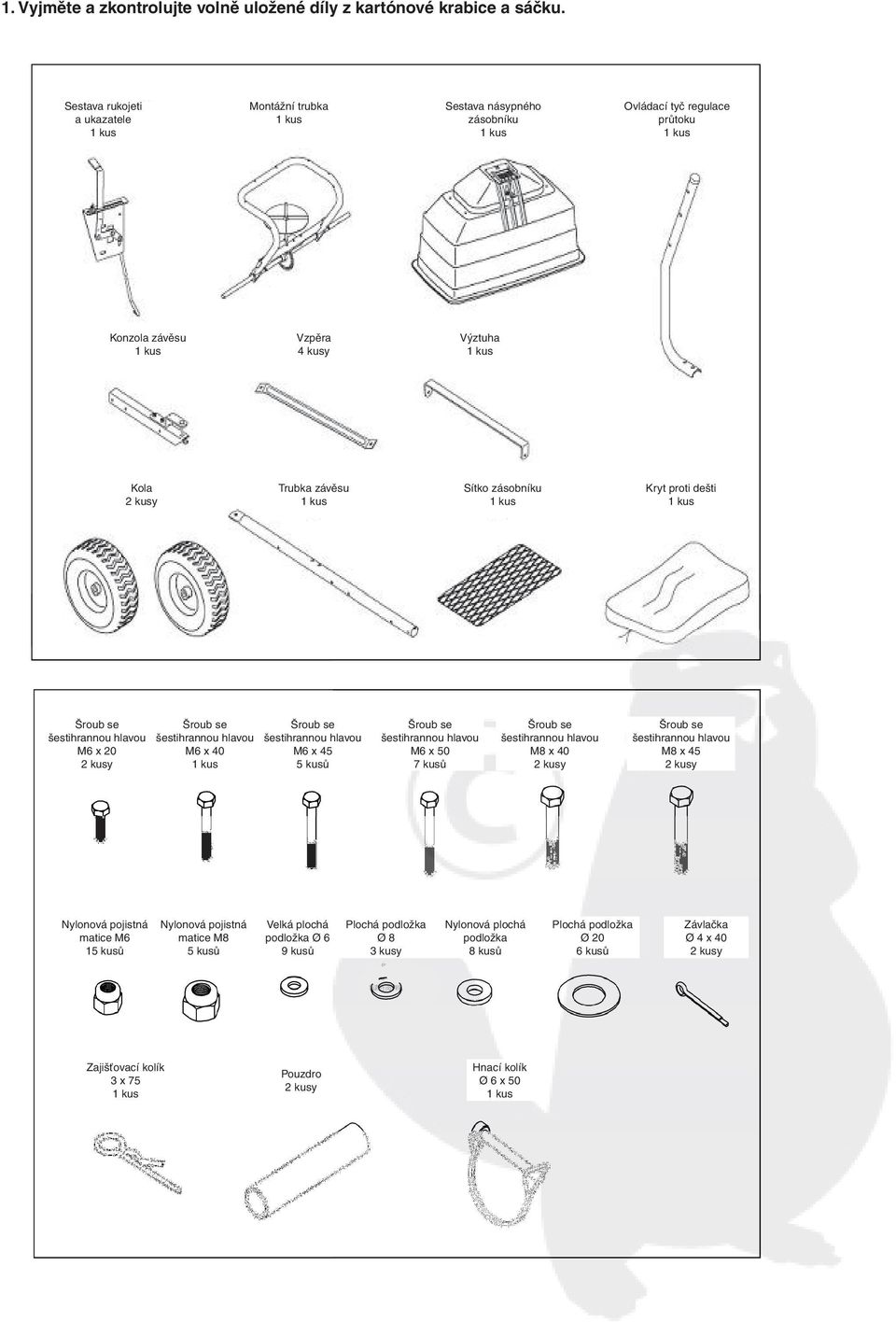 Kola Trubka závěsu Sítko zásobníku Kryt proti dešti M6 x 20 M6 x 40 M6 x 45 5 kusů M6 x 50 7 kusů M8 x 40 M8 x 45 15 kusů Big Velká Flat