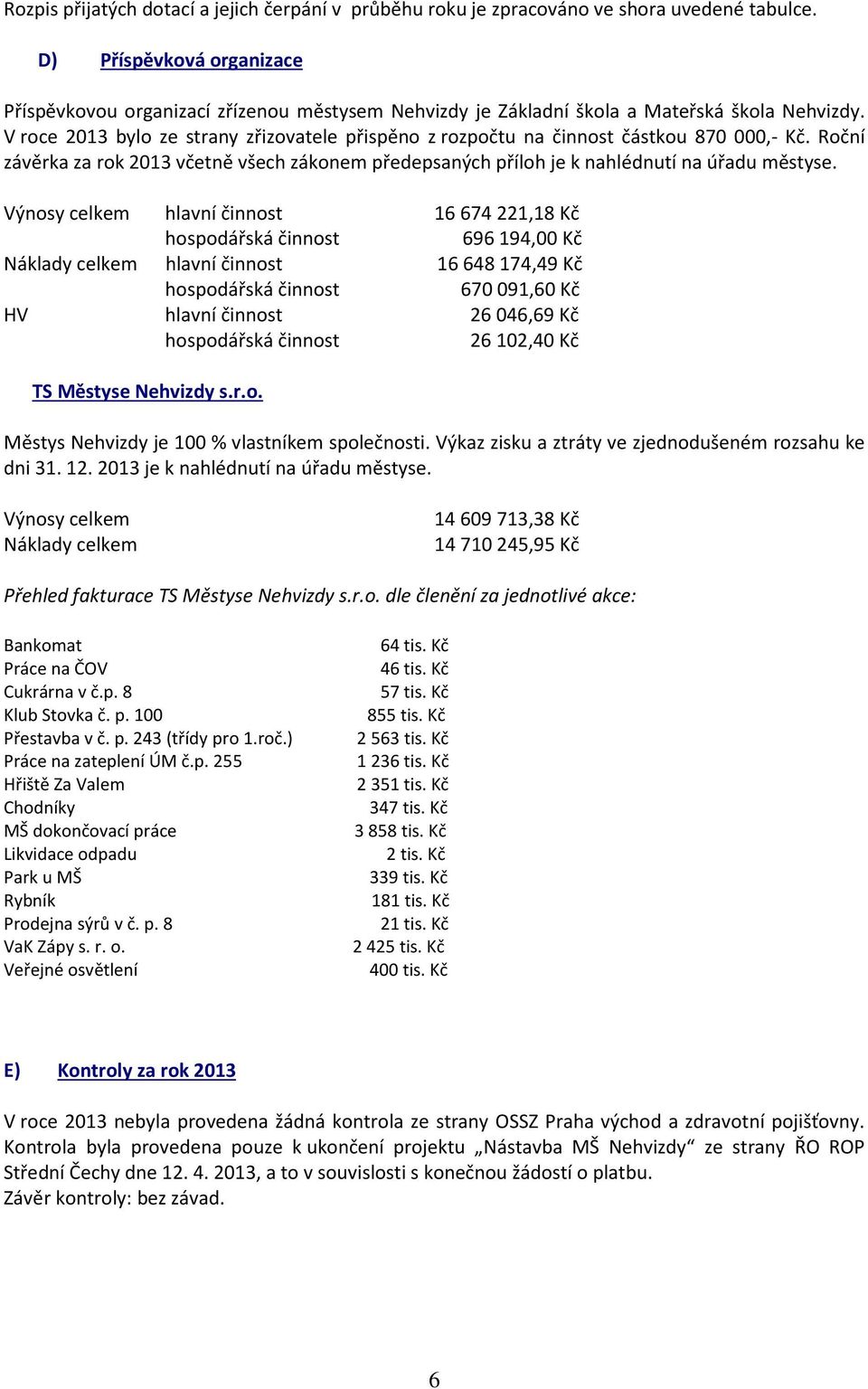 V roce 2013 bylo ze strany zřizovatele přispěno z rozpočtu na činnost částkou 870 000,- Kč. Roční závěrka za rok 2013 včetně všech zákonem předepsaných příloh je k nahlédnutí na úřadu městyse.