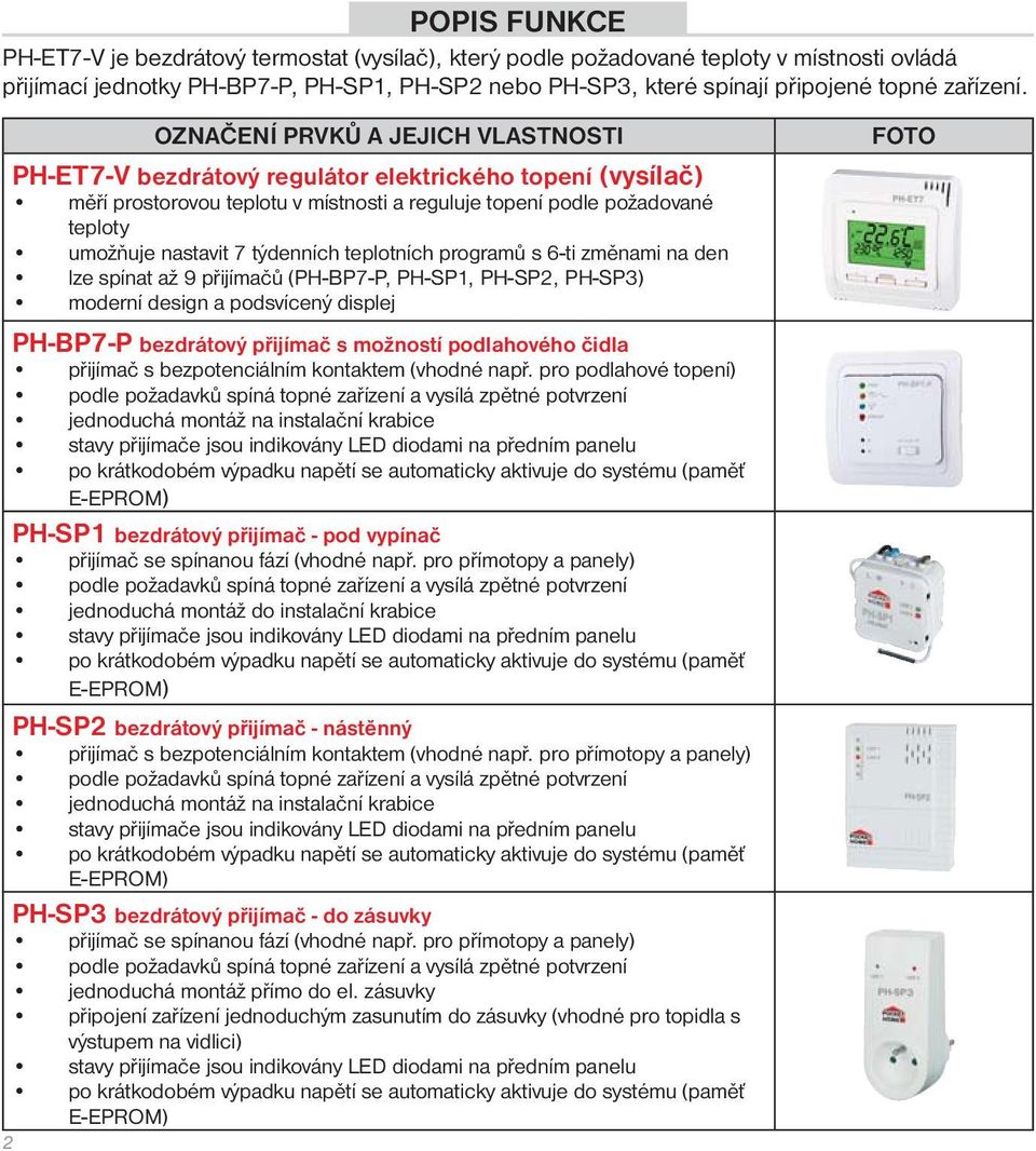 OZNAČENÍ PRVKŮ A JEJICH VLASTNOSTI PH-ET7-V bezdrátový regulátor elektrického topení (vysílač) měří prostorovou teplotu v místnosti a reguluje topení podle požadované teploty umožňuje nastavit 7