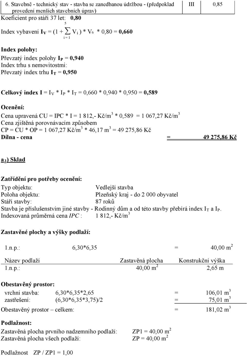 upravená CU = IPC * I = 1 812,- Kč/m 3 * 0,589 = 1 067,27 Kč/m 3 Cena zjištěná porovnávacím způsobem CP = CU * OP = 1 067,27 Kč/m 3 * 46,17 m 3 = 49 275,86 Kč Dílna - cena = 49 275,86 Kč a 3 ) Sklad