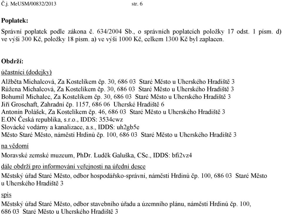 30, 686 03 Staré Město u Uherského Hradiště 3 Bohumil Michalec, Za Kostelíkem čp. 30, 686 03 Staré Město u Uherského Hradiště 3 Jiří Groschaft, Zahradní čp.