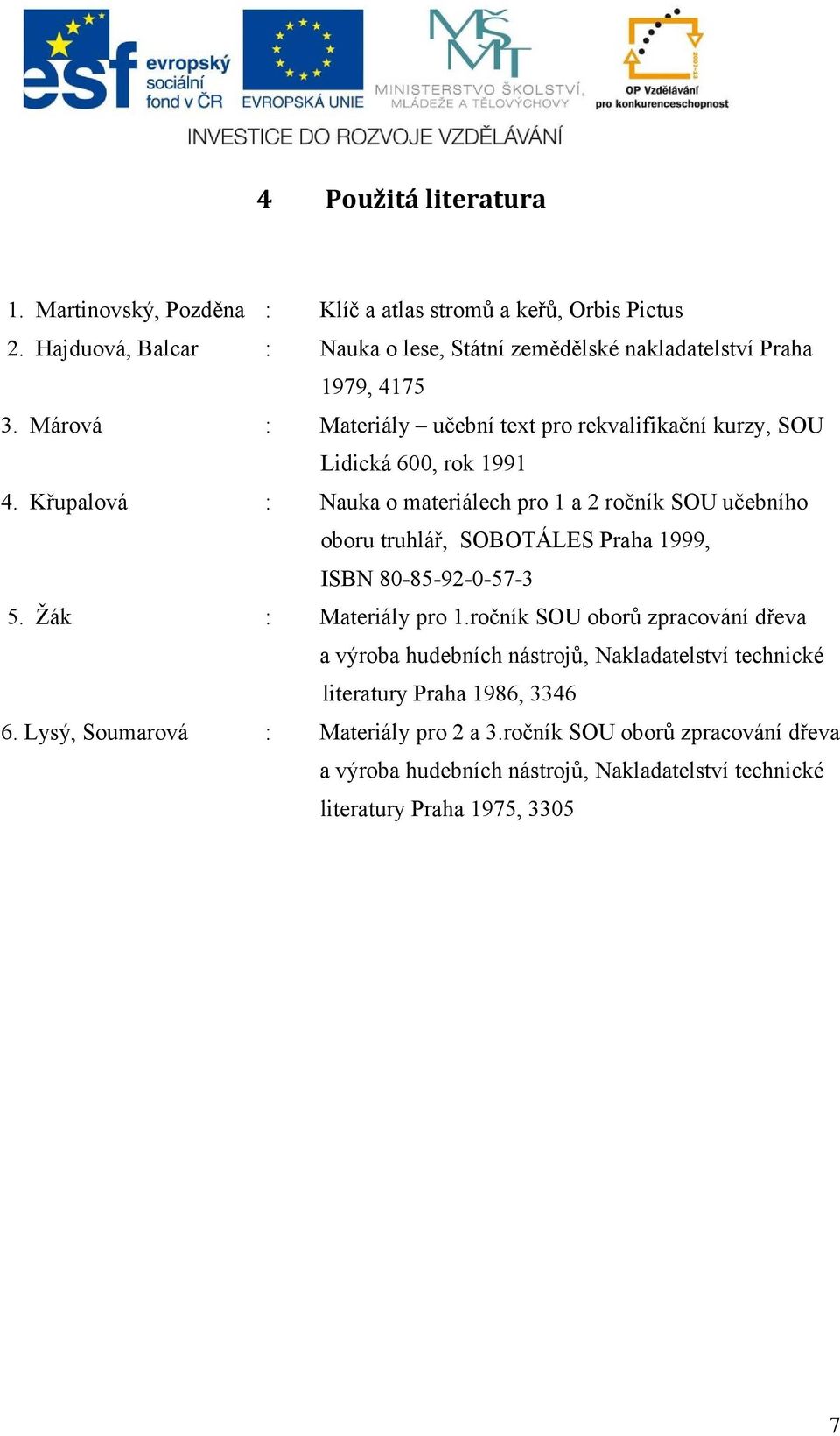 Křupalová : Nauka o materiálech pro 1 a 2 ročník SOU učebního oboru truhlář, SOBOTÁLES Praha 1999, ISBN 80-85-92-0-57-3 5. Žák : Materiály pro 1.