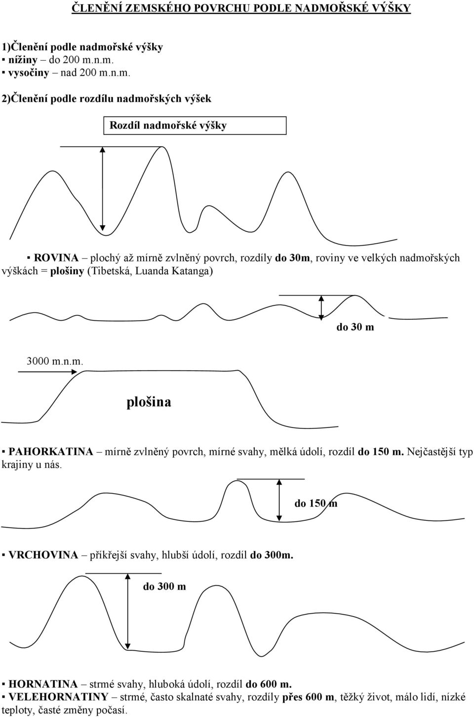 n.m. vysočiny nad 200 m.n.m. 2)Členění podle rozdílu nadmořských výšek Rozdíl nadmořské výšky ROVINA plochý až mírně zvlněný povrch, rozdíly do 30m, roviny ve velkých