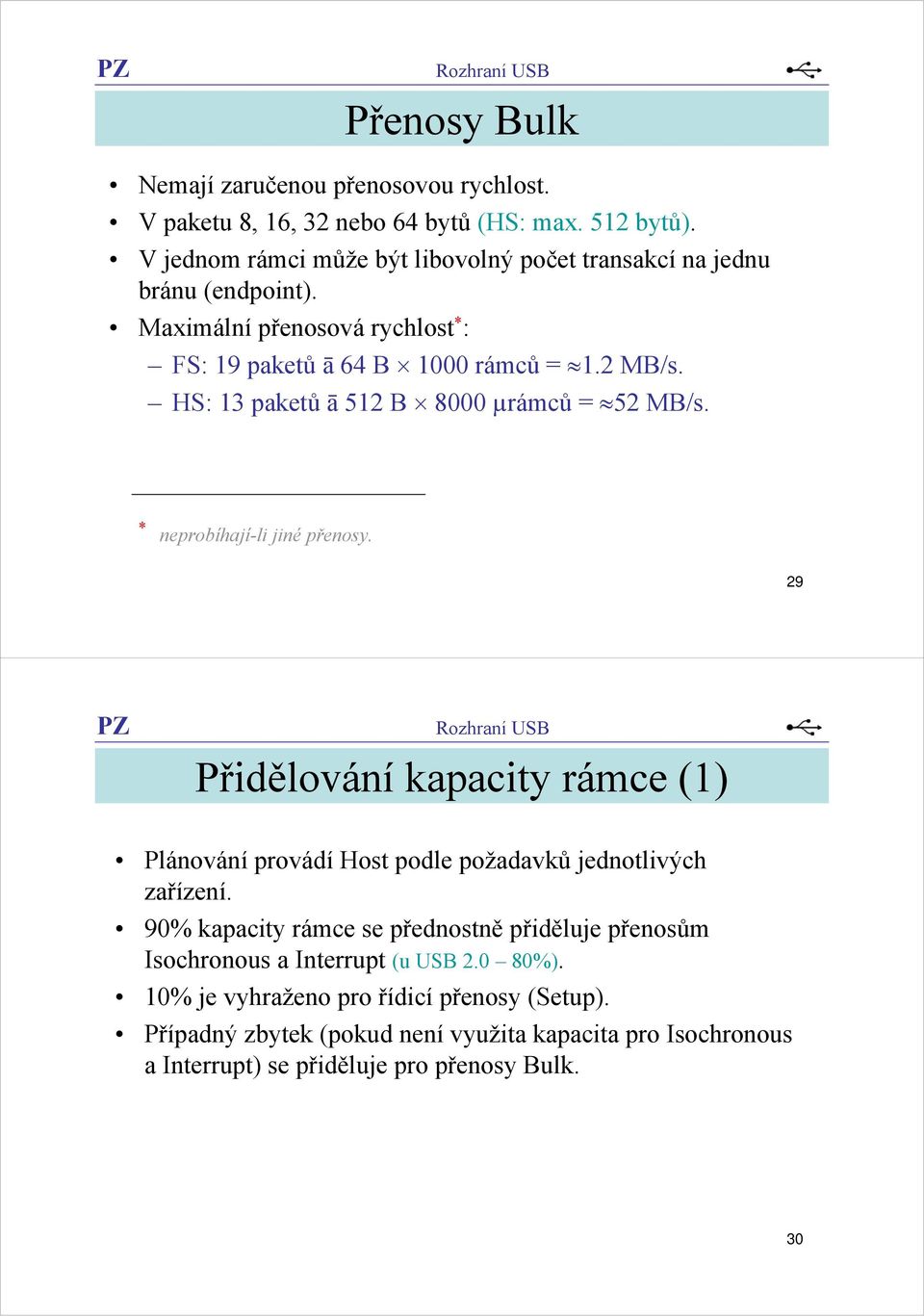 HS: 13 paketůā512 B 8000 µrámců = 52 MB/s. * neprobíhají-li jiné přenosy. 29 Přidělování kapacity rámce (1) Plánování provádí podle požadavků jednotlivých zařízení.