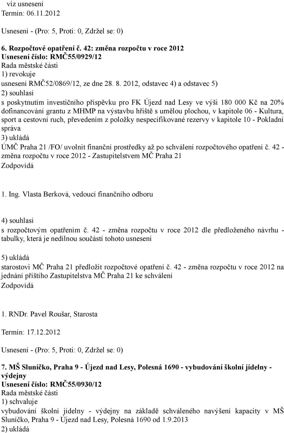 kapitole 06 - Kultura, sport a cestovní ruch, převedením z položky nespecifikované rezervy v kapitole 10 - Pokladní správa 3) ukládá ÚMČ Praha 21 /FO/ uvolnit finanční prostředky až po schválení