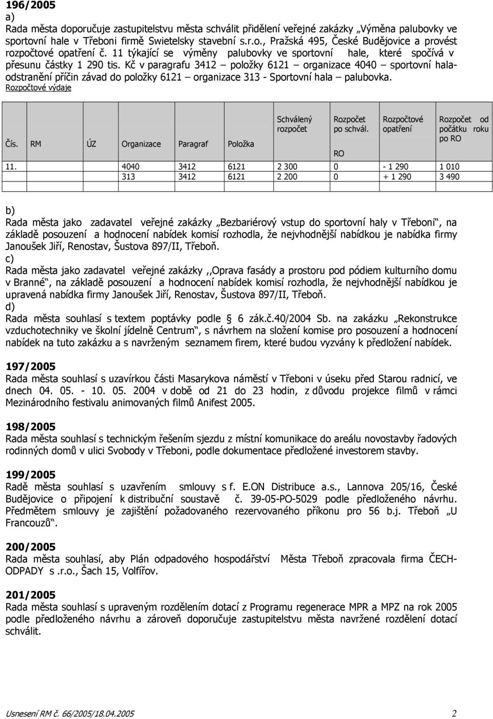 Kč v paragrafu 3412 položky 6121 organizace 4040 sportovní halaodstranění příčin závad do položky 6121 organizace 313 - Sportovní hala palubovka. výdaje Čís.