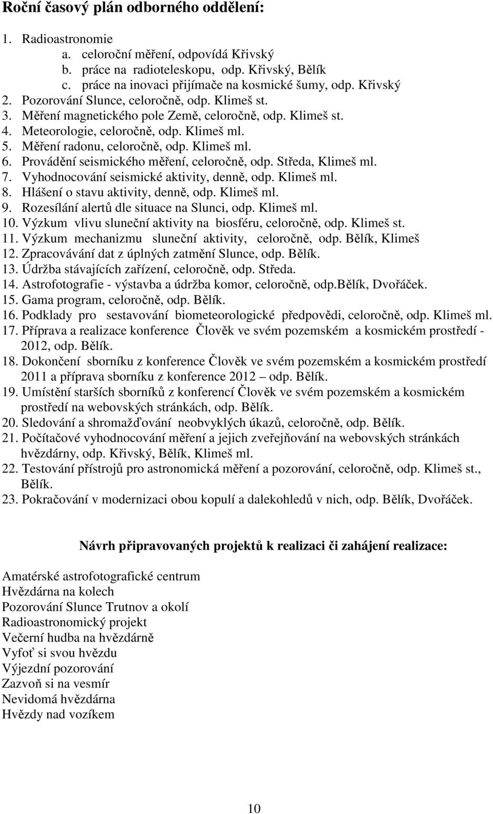 Klimeš ml. 6. Provádění seismického měření, celoročně, odp. Středa, Klimeš ml. 7. Vyhodnocování seismické aktivity, denně, odp. Klimeš ml. 8. Hlášení o stavu aktivity, denně, odp. Klimeš ml. 9.