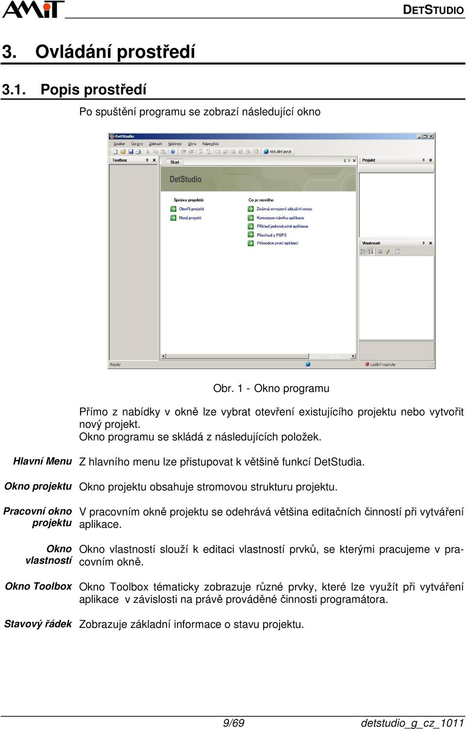 Hlavní Menu Okno projektu Pracovní okno projektu Okno vlastností Okno Toolbox Stavový řádek Z hlavního menu lze přistupovat k většině funkcí DetStudia.