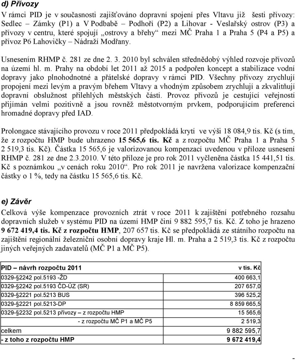 2010 byl schválen střednědobý výhled rozvoje přívozů na území hl. m. Prahy na období let 2011 až 2015 a podpořen koncept a stabilizace vodní dopravy jako plnohodnotné a přátelské dopravy v rámci PID.