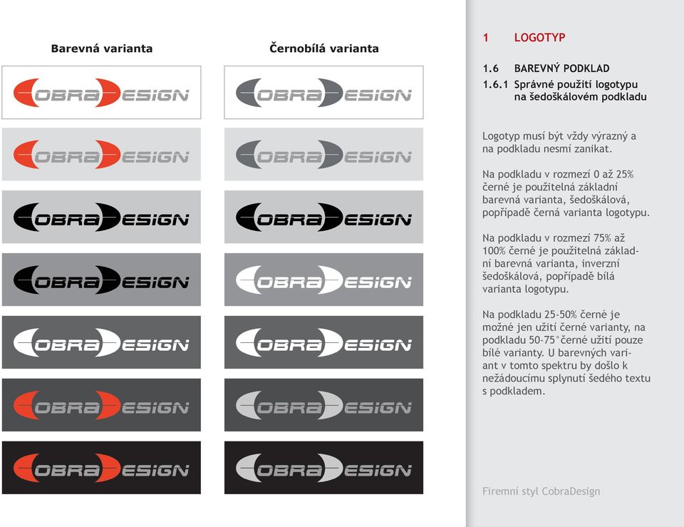 Na podkladu v rozmezí 75% až 100% černé je použitelná základní barevná varianta, inverzní šedoškálová, popřípadě bílá varianta logotypu.