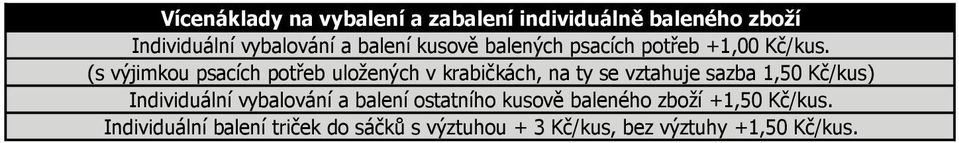 (s výjimkou psacích potřeb uložených v krabičkách, na ty se vztahuje sazba 1,50 Kč/kus)